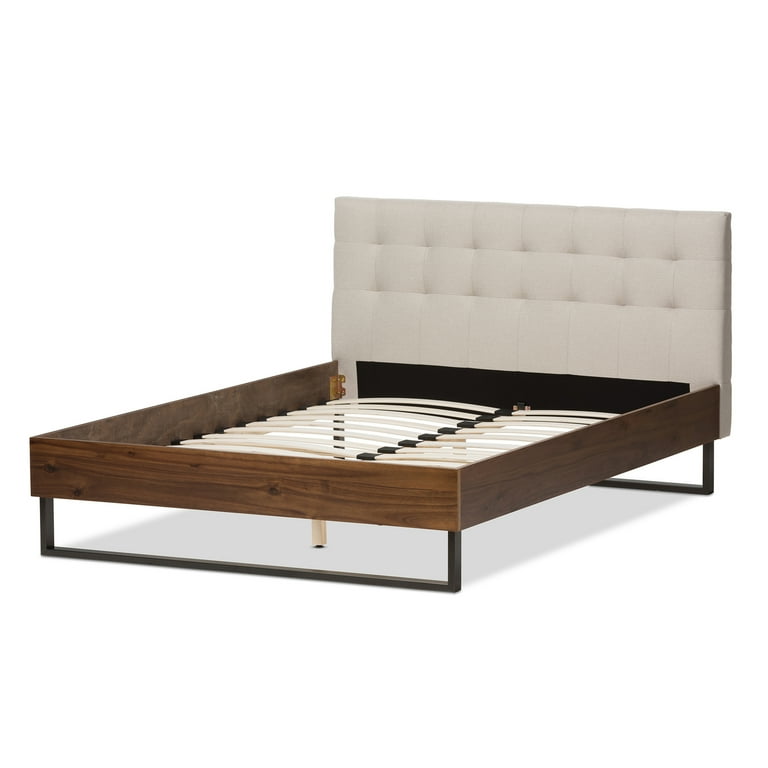 Baxton Studio Mitchell Rustic Industrial Walnut Wood Beige Fabric Dark Bronze Metal Queen Size Platform Bed Baxton Studio Mitchell Rustic Industrial Walnut Wood Beige Fabric Dark Bronze Metal Queen Size Platform Bed