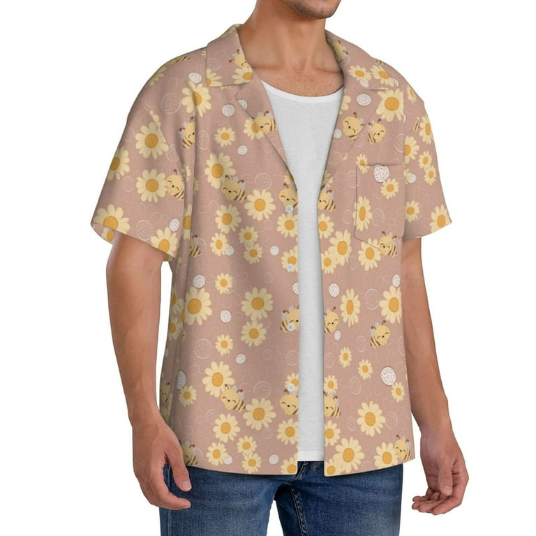 Qokaie Cute Bee Print Mens Casual Wrinkle Free Shirts Short Sleeve