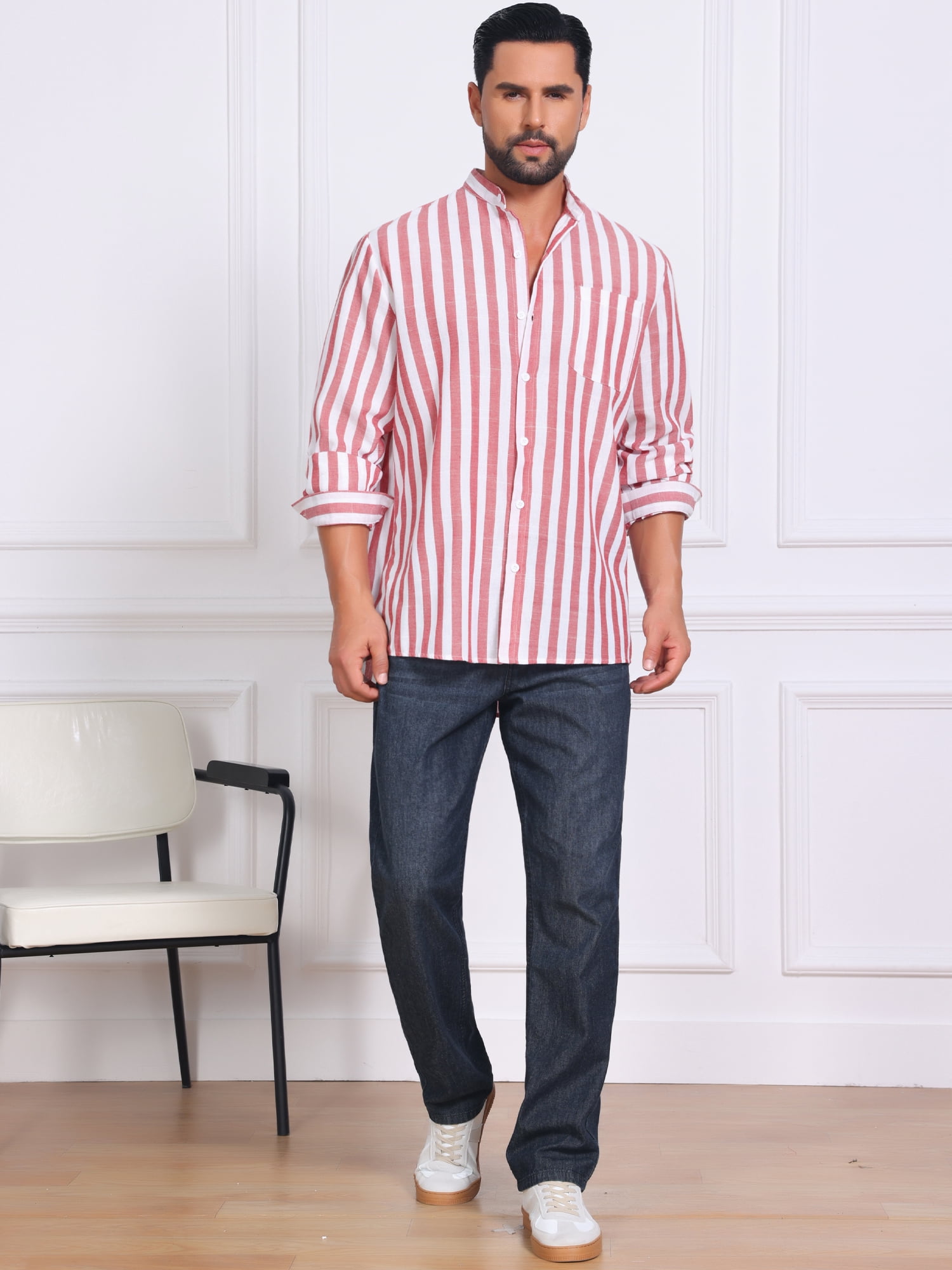 DARING DIVA Men's Striped Stand Collar Long Sleeve Button Down Shirt L Red