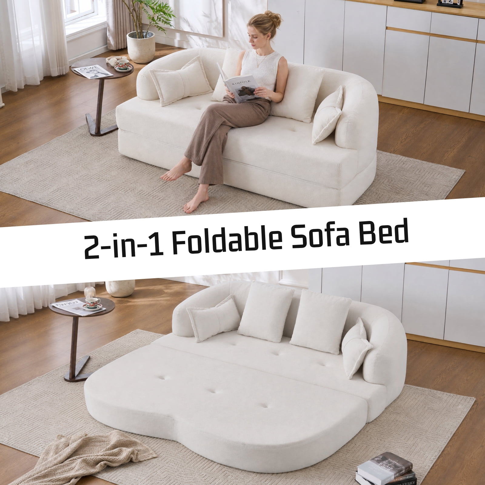 Lunale 70" Convertible Sofa Bed, 2-in-1 Sleeper Sofa, Chenille Boneless Couch for Small Spaces, White