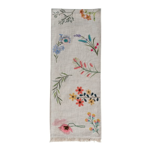 Bloomingville Long Slub Printed Rectangle Table Runner with Flowers, Embroidery and Fringe, Multicolor
