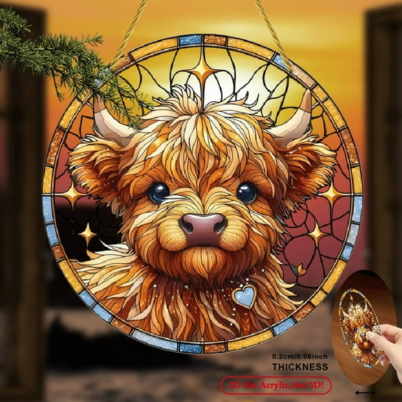 2D Flat Piece, Highland Cow Acrylic Sun Catcher - 8X8 inch Colorful Glass Style Decor Featuring Golden Horns And Heart Accents - Ideal Gift for Home, Window, Wall, And Porch Decoration