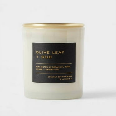 8oz Lidded Glass Jar Black Label Olive Leaf and Oud Candle - Soy & Coconut Wax Blend, 30hr Burn Time