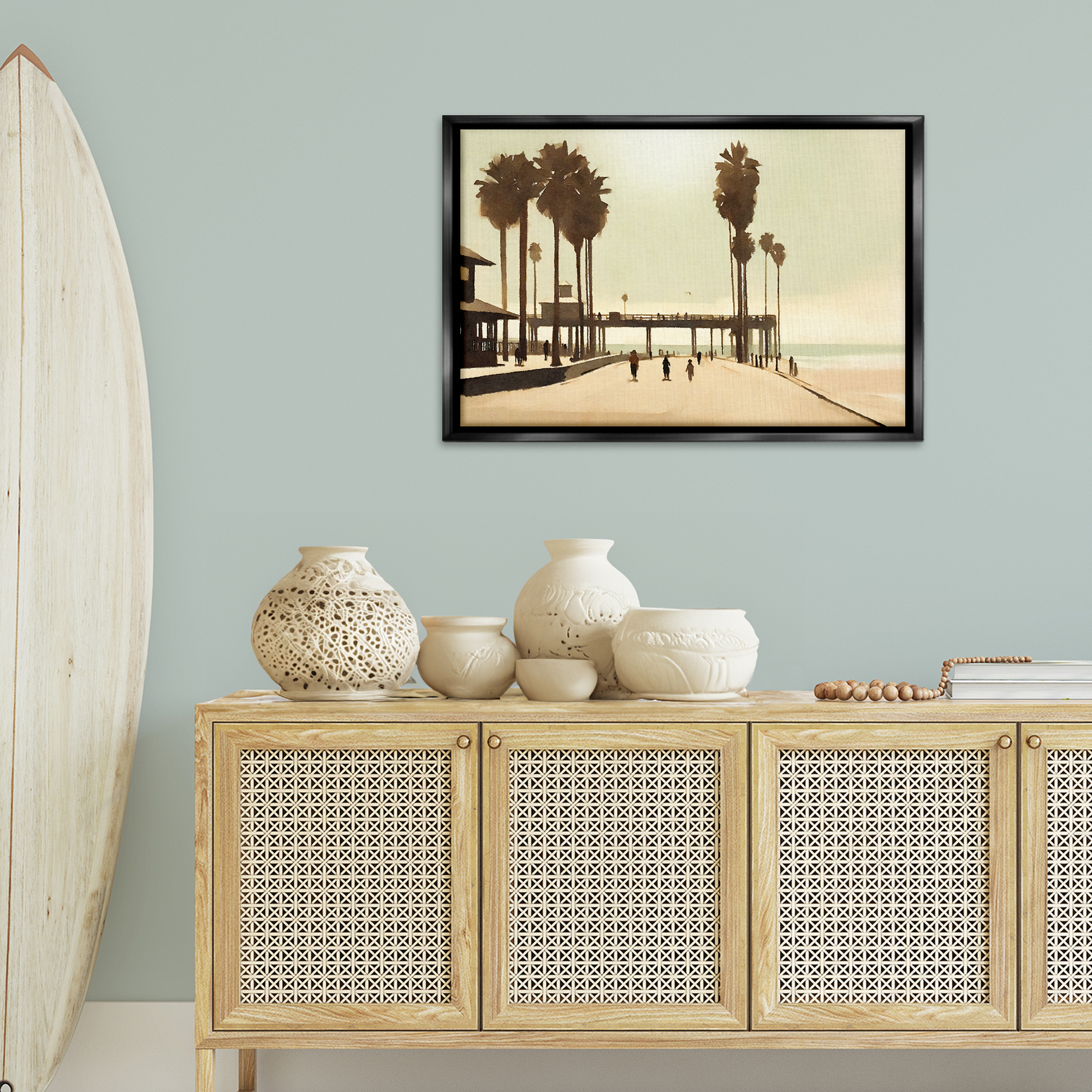 Stupell Industries Tropical Beach Walkway Landscape & Nature Painting Black Floater Framed Canvas Art Print Wall Art, 31 x 21