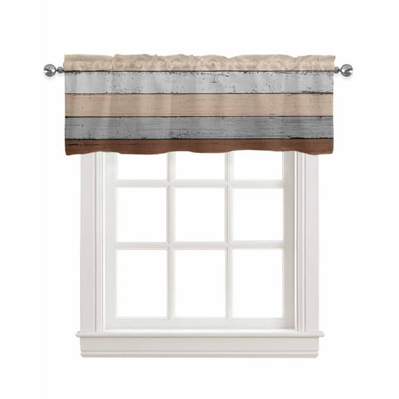 Brown Wooden Kitchen Valances for Windows Farmhouse Linen Window Valance Curtain for Living Room Window Treatment Grey Stripe Gradient Country Rustic Grain Valance Rod Pocket Topper, 42 x 12 Inch