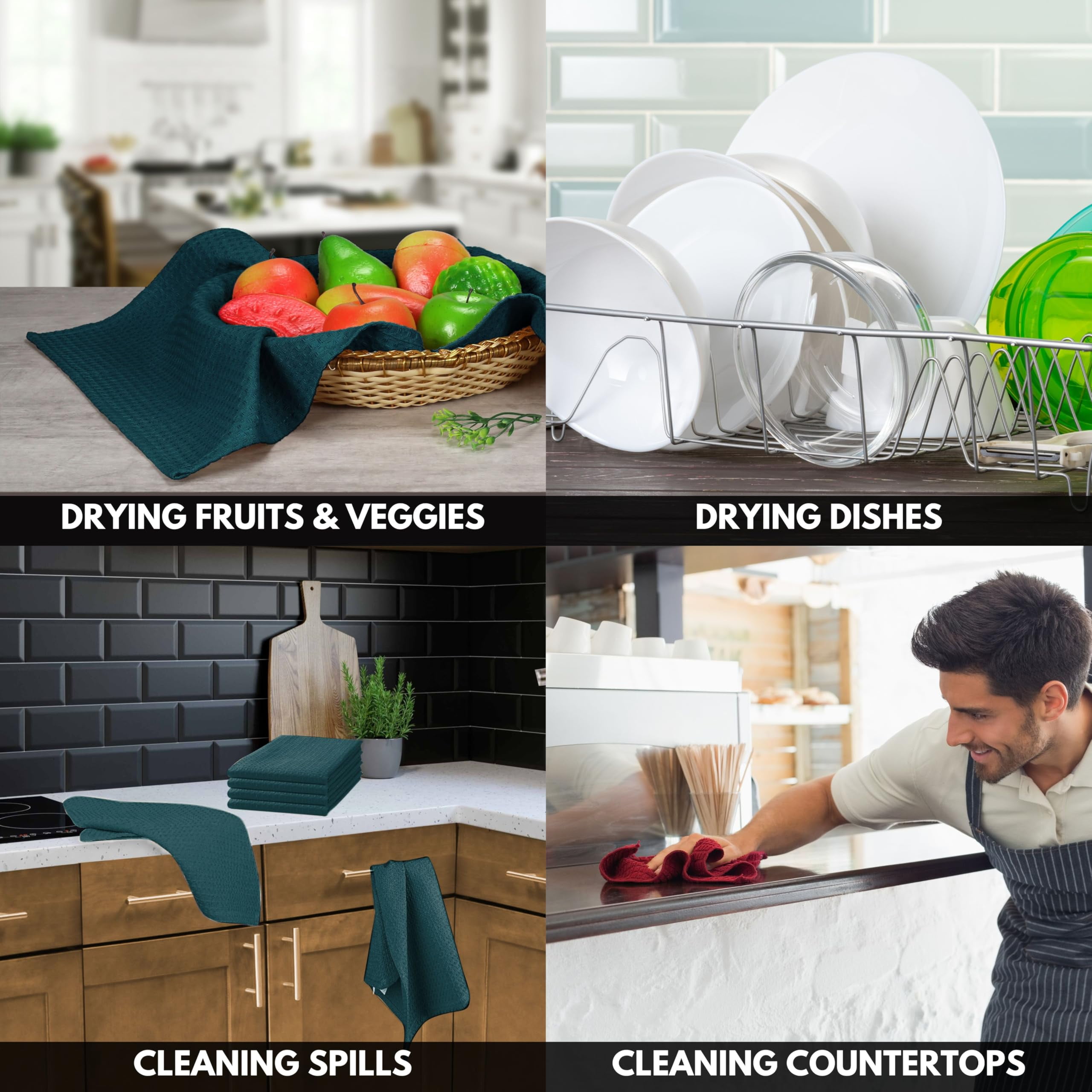 Softopia Cotton Teal Green Kitchen Towels – Waffle Weave, 100% Cotton, Soft & Absorbent, Fast Dry, Durable, 16x26 Inches, Perfect for Dish Drying, Bar, Cleaning, and Everyday Use, Set of 12, Teal