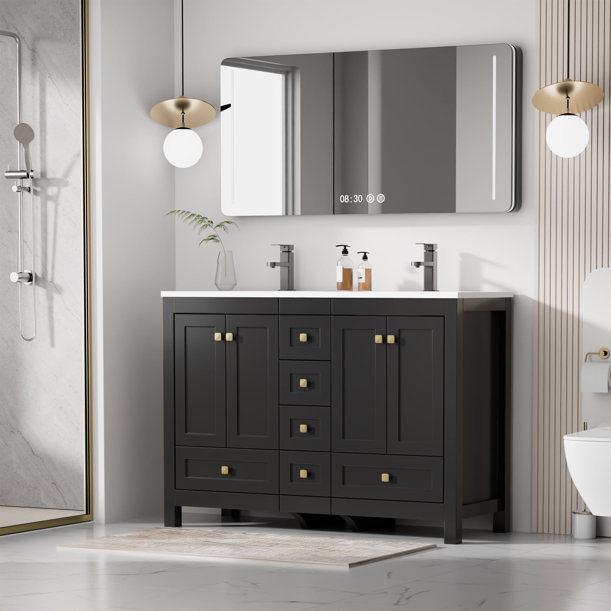 "eclife 48"" Freestanding Bathroom Vanity Set with Resin Double Sink Top, PU Paint, Water-Saving Faucet, Black"