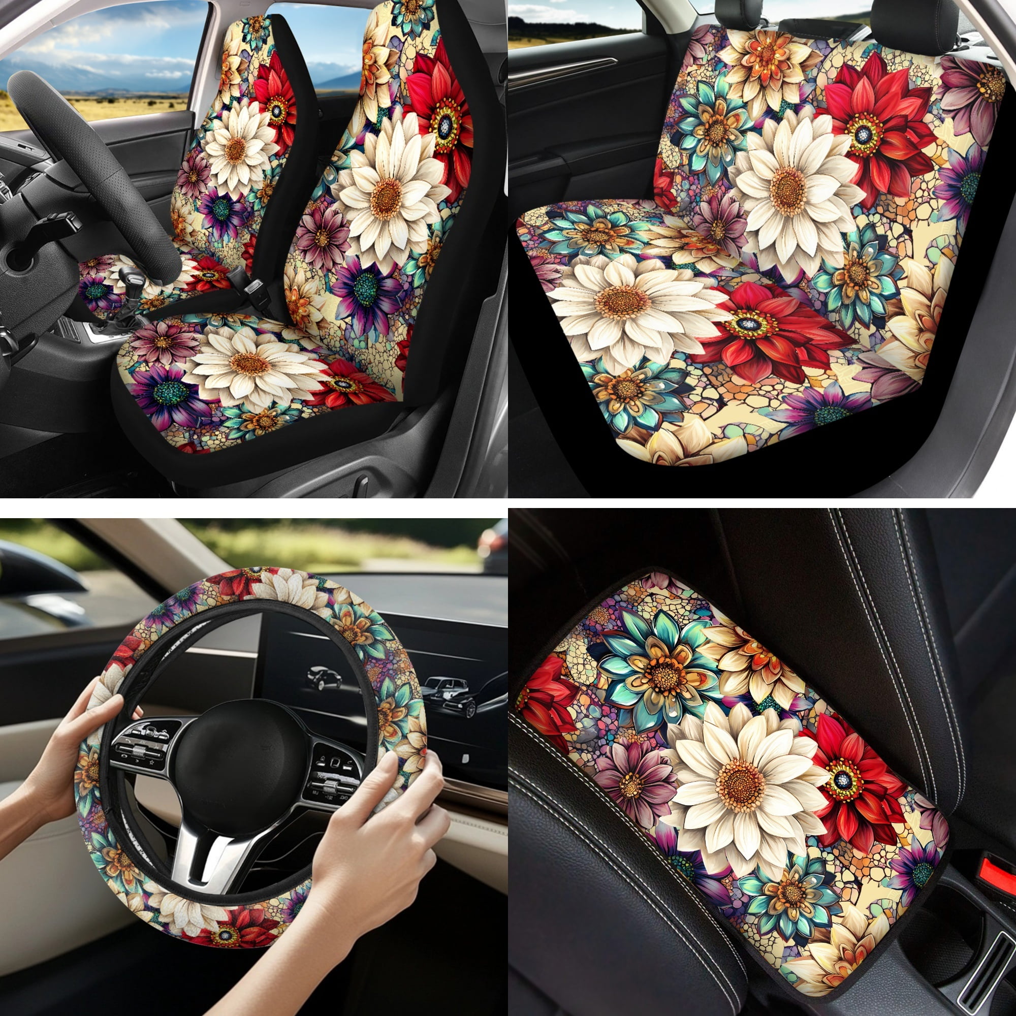 Jeiento Dahlia Car Seat Cover Full Set with Steering Wheel Cover Seat Belt Cover Armrest Cover Coaster Auto Keychain Holder Lip Balm Holder, 13 PCS Automobile Accessories Decor
