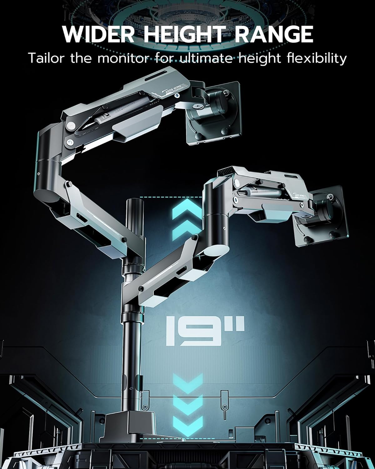 ARES WING Dual Monitor Stand, Adjustable Stacked Monitor Mount with USB Heavy Duty Gas Spring Monitor Desk Stand for 2 Monitors for 24-57 Inch Ultrawide Screen, 75/100/200 Vesa Mount, Black