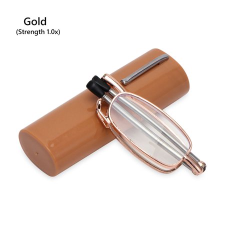 Men and Women Presbyopia Eyeglasses Readers Anti Eyestrain Easy Carry Computer Reading Eyeglasses with Tube Case Foldable Reading Glasses GOLD STRENGTH 1.0X