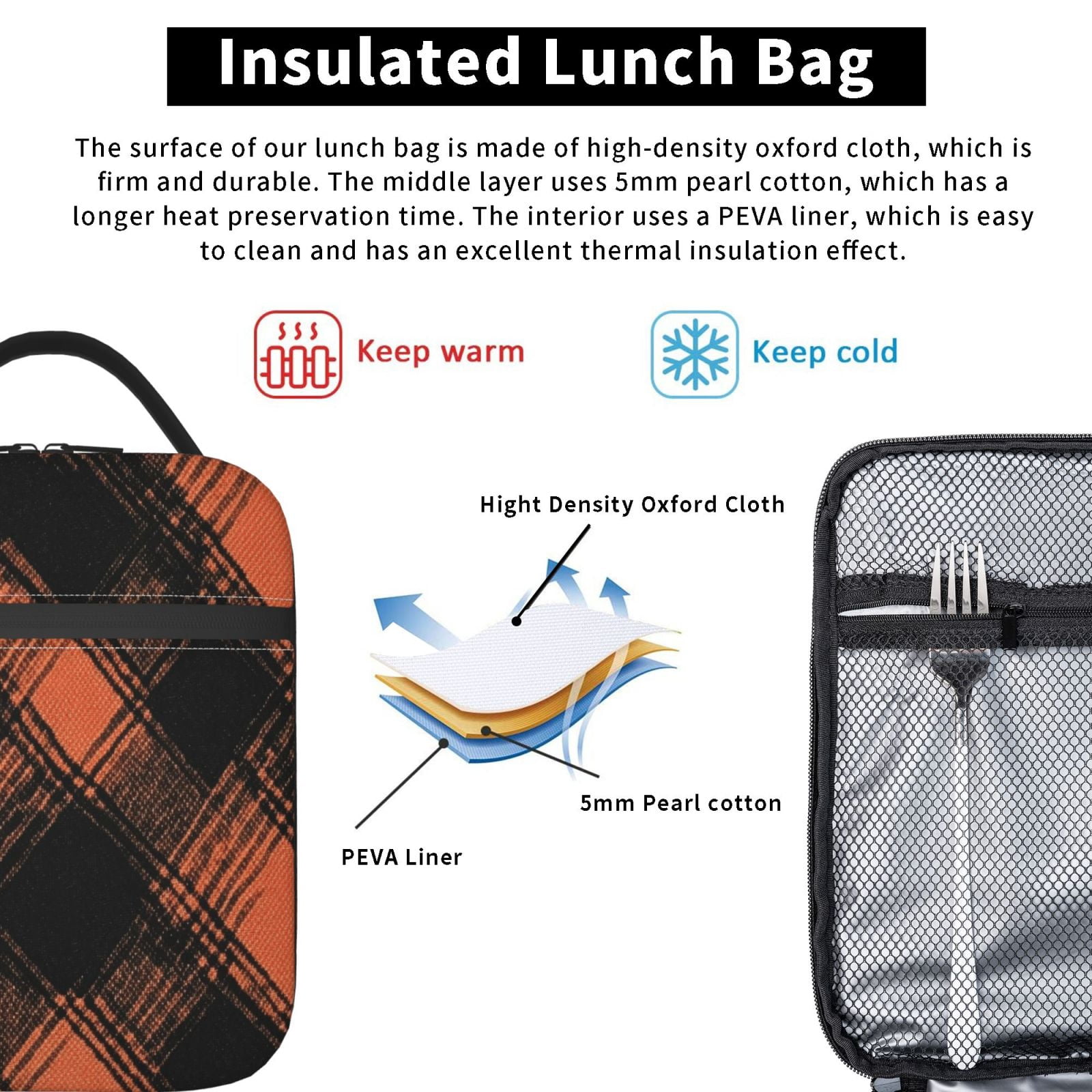Lunch Bag For Women Men Insulated Portable Lunch Box Bento Box Office Picnic Travel Cooler Bag Argyle Plaid Darksalmon_1