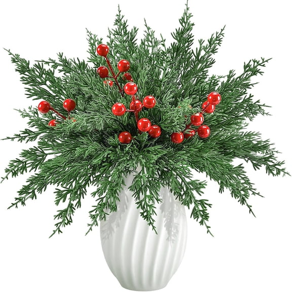 Swfoer 45 Pcs Christmas Artificial Pine Branches with Red Berry Stems, Faux Cedar Branches, Fake Foliage Pine Needles Picks for Xmas Decorations