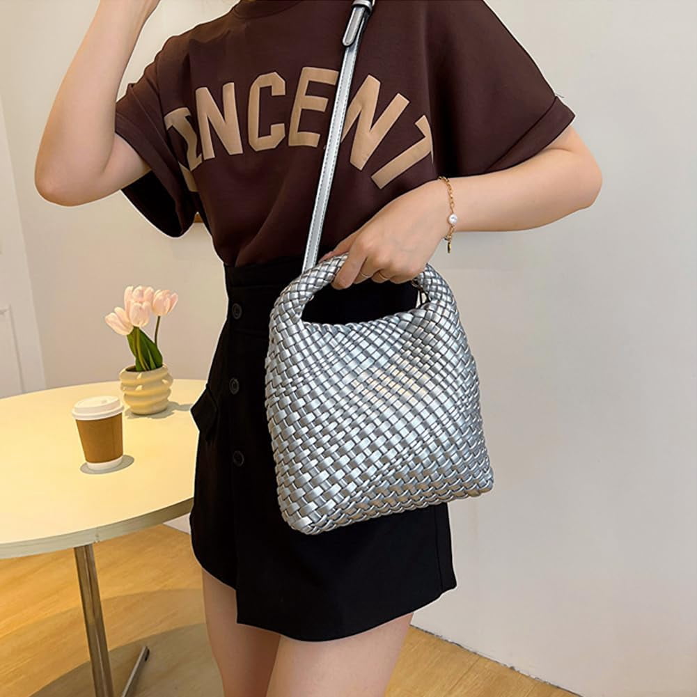 CAILDANL Woven Leather Bags for Women Knoted Women Handbag Designer Shoulder Bucket Purse Handmade Fashion Tote Hobo Bag Small