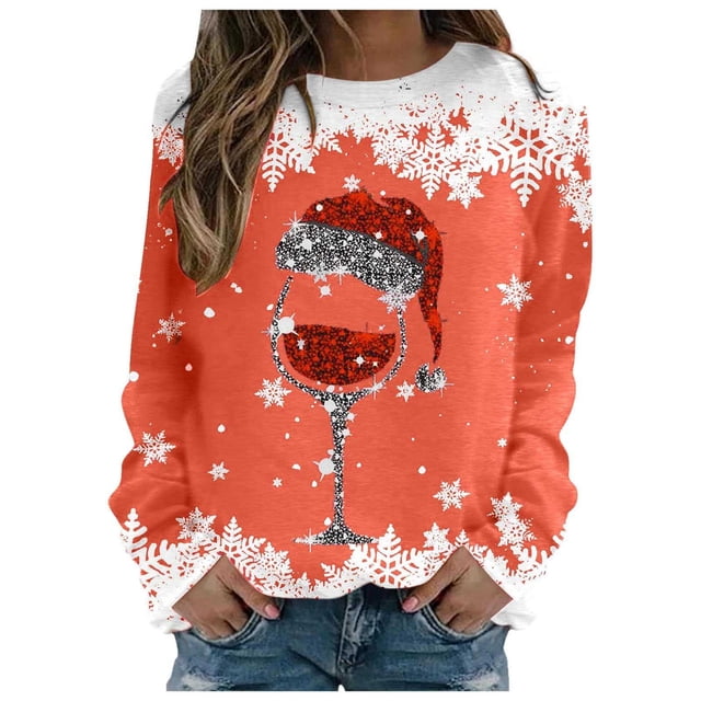 Chandails en Molleton de Noël pour Femmes : Rétro Verre à Vin Rouge Scintillant Graphique Chemise à Manches Longues Xmas Bonhomme de Neige Colorblock Chandail Tops