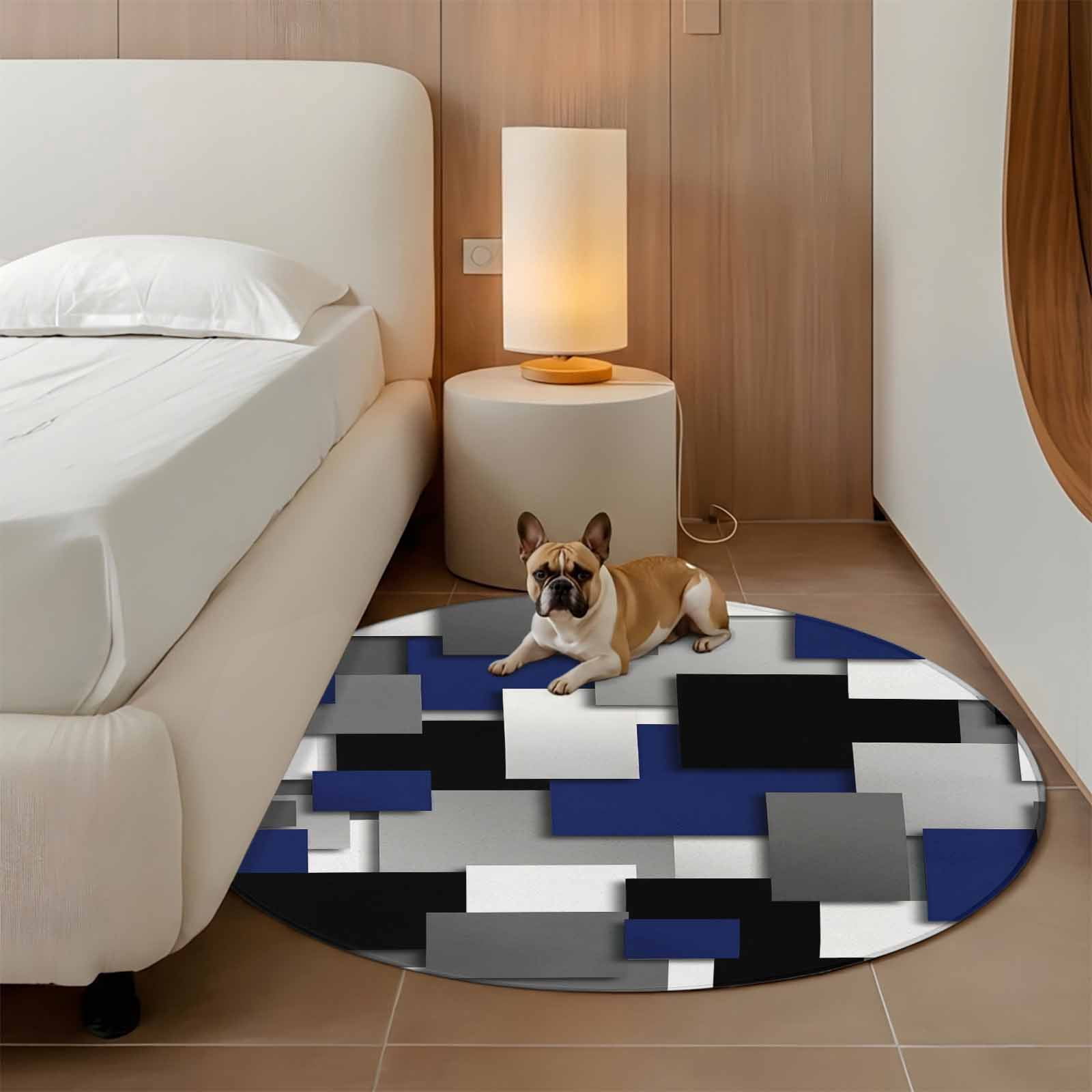 Navy Blue Black Geometric Round Rug 3ft Washable Circle Entryway Rugs Non Slip Modern Abstract Art Block Area Rug Indoor Floor Carpet for Bedroom Kitchen Living Room Home Office Dining Room Nursery