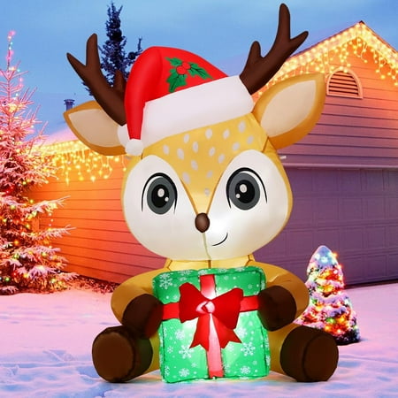 Goosh Christmas Inflatables 5 Ft Reindeer Christmas Decoration, Blow Up Reindeer Inflatable Christmas Reindeer Holding A Box With Built-In Leds, Outdoor Christmas Decorations Clearance For Xmas