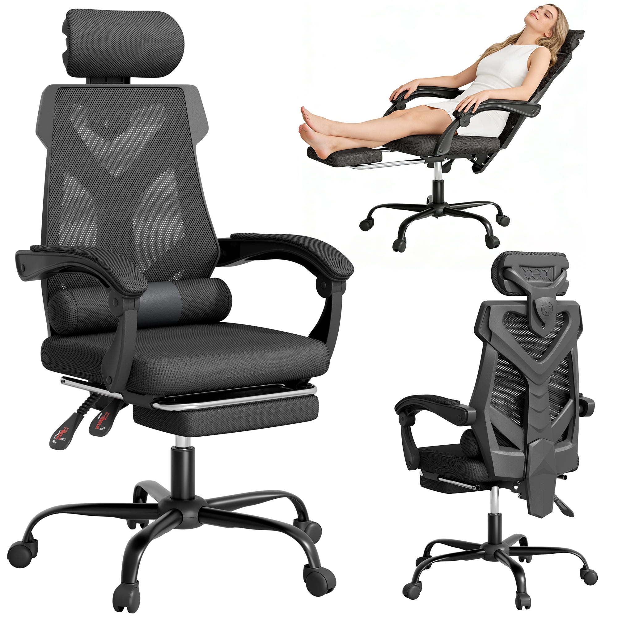 Mr IRONSTONE Ergonomic Office Chair with Footrest, High Back Breathable Mesh Computer Chair with 2D Headrest Lumbar Support, 135 Degree Reclining Desk Chair for Home Office, Black