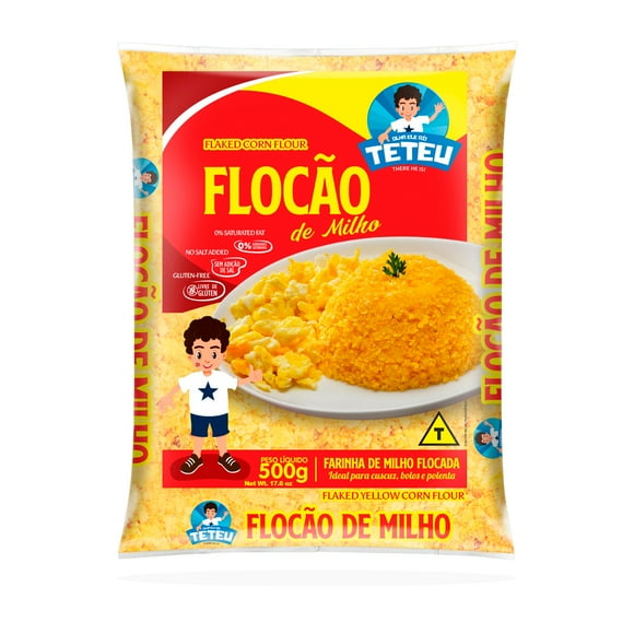 TETEU Flaked Yellow Corn Flour, Brazilian Couscous, Cuscuz Nordestino, Easy to Prepare, Polenta, cake, 1 pack 17.6 oz (500g)