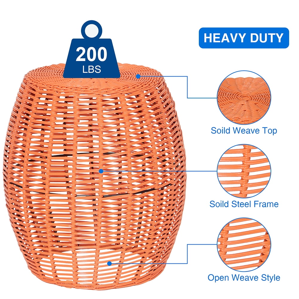 Abble Patio Side Table, Wicker Small Round Metal End Table, Rattan Accent Table for Outside Garden Stool, Outdoor Ottoman - Orange