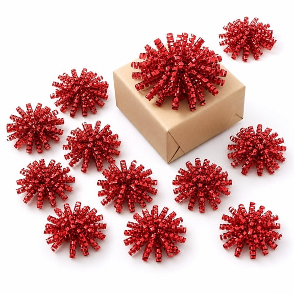 Tutuviw 12Pcs Self-Adhesive Curly Ribbon Gift Bows, Christmas Bows for Christmas Wrapping, Metallic Christmas Bows for Tree Decorations Holiday Parties Festive Home Decor(Red)
