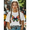 thumbnail image 5 of Women's T-Shirt Colorful Butterfly Cartoon Short Sleeve Casual Tee Classic Crew Neck T Shirt for Women White, L, 5 of 7