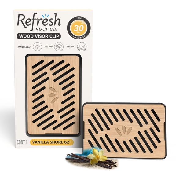 Refresh Your Car Visor Clip Car Air Freshener, Vanilla Shore 62 Scent (1 Count), Blends Woody Vanilla Bean Kissed with Sea Salt and Orchid Fragrance