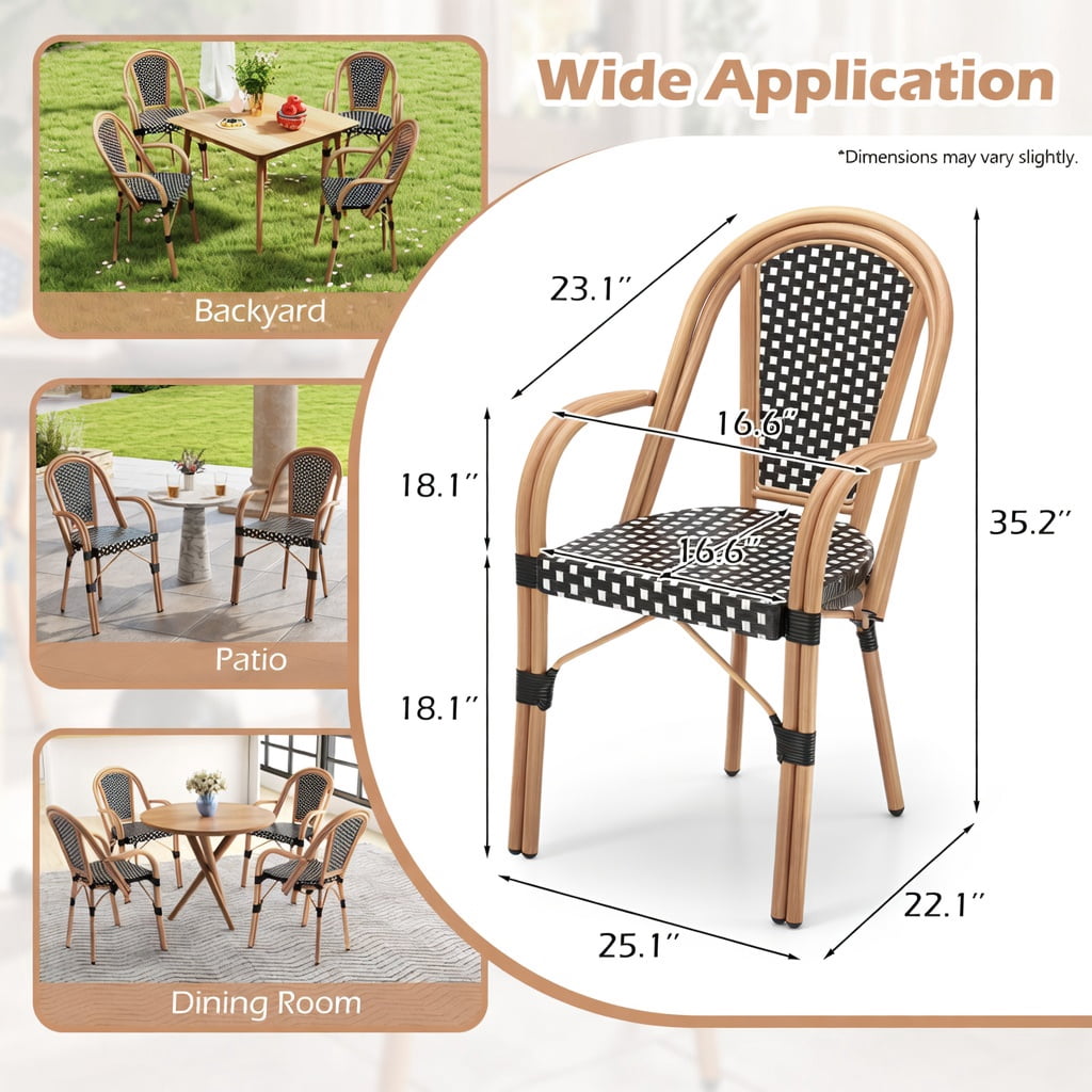 Hommoo 2-Pack Hand-Woven PE Rattan Outdoor Bistro Chairs, French-Style Patio Chairs with Galvanized Steel Frame, Black & White