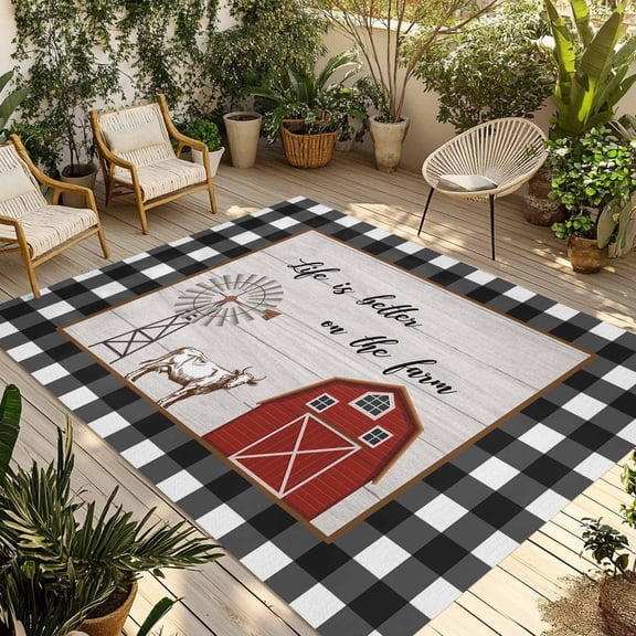 Fsddascl Farmhouse Barn Outdoor Rug for Patio/Deck/Porch, Non-Slip Large Area Rug 6 x 9 Ft, Vintage Cabin Cow Wood Grain Checkered Indoor Outdoor Rugs Washable Area Rugs, Camping Rug Carpet Runner