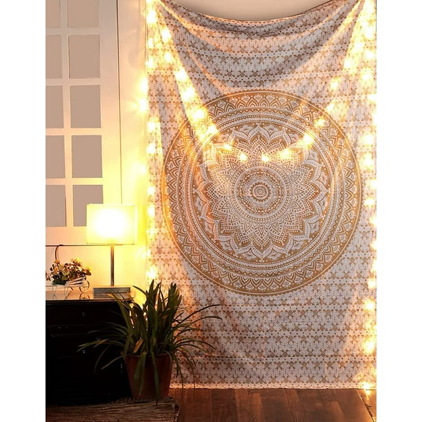 Raajsee Gold Mandala Tapestry Bedroom Aesthetic Indie Wall Tapestry Hippie Room Decor Boho White Trippy Tapestry Wall Hanging Golden Mandalas Wall Art 52x82 inches Walmart