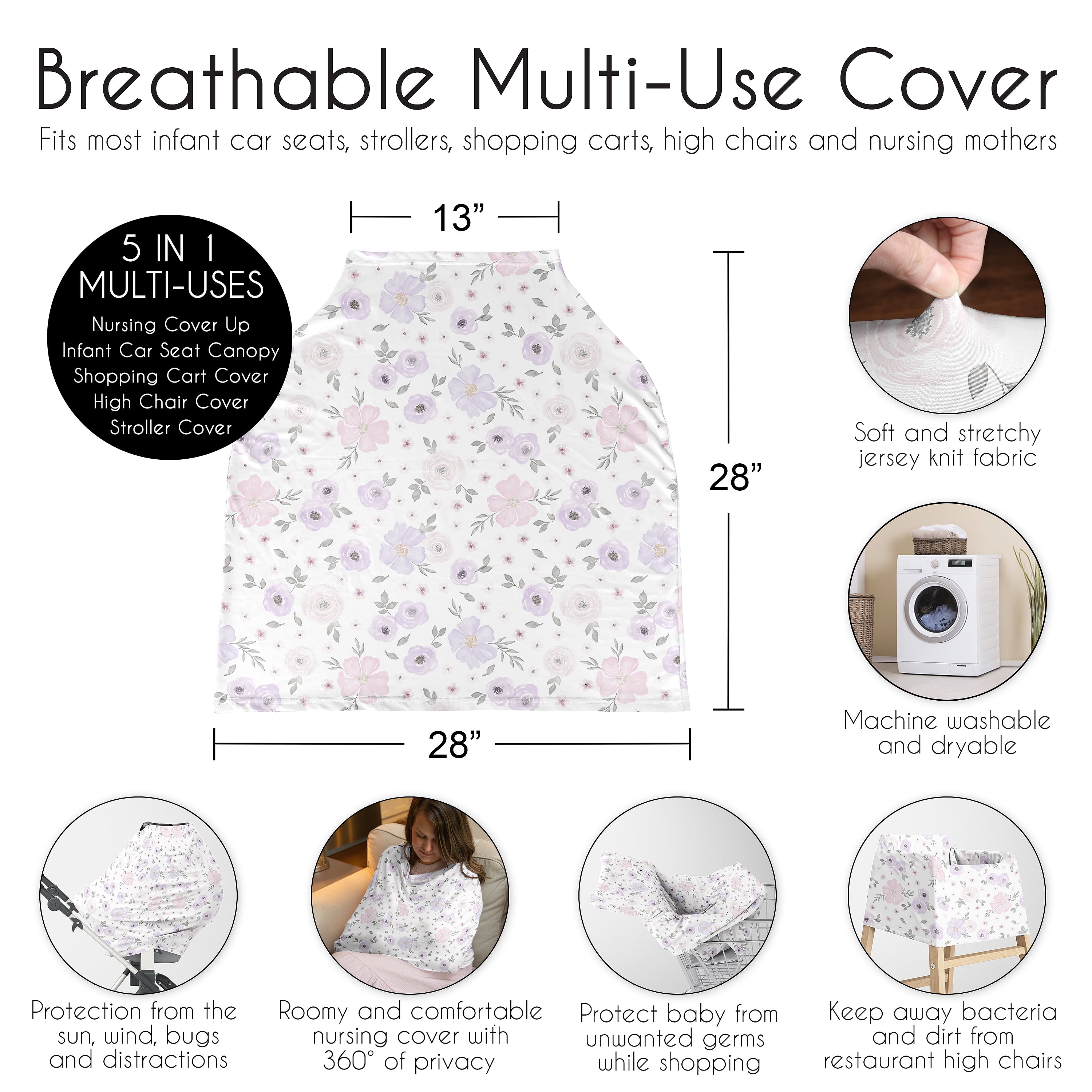 Sweet Jojo Designs Watercolor Floral Purple Grey and Pink Multi Use Baby Car Seat and Nursing Cover