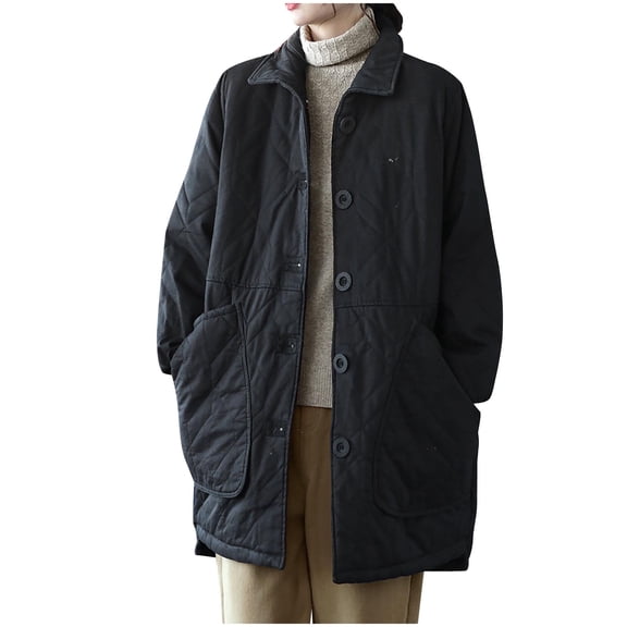 XPMWRP Women's Quilted Puffer Casual Jackets Vintage Button Down Puffy Jacket Lapel Coats Solid Color Winter Warm Clothes with Pockets Black XL
