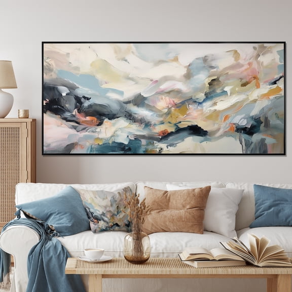 Designart "Vivid Waves Fluid Shades of Grey and Blue I" Oversized Abstract Framed Wall Art - Modern Grey Abstract Painting Entryway Framed Wall Art Print