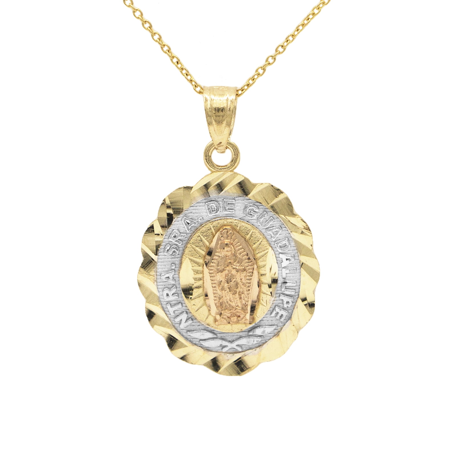 14k Two Tone Gold Religious Our Lady of Guadalupe Pendant with 1.5mm Flat Mariner Chain Necklace