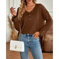thumbnail image 2 of Button Detail V Neck Drop Shoulder Textured Knit Top for Women Brown X-Large, 2 of 5