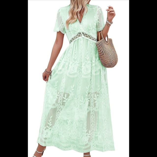 Vestido de Novia de Encaje Floral con Cuello en V y Corta para Mujer, Vestido para Dama de , Cóctel o Fiesta Verde S