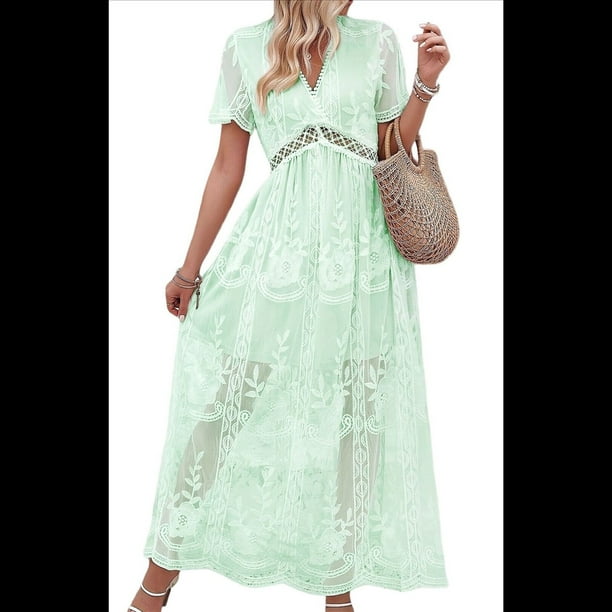 Vestido de Novia de Encaje Floral con Cuello en V y Corta para Mujer, Vestido para Dama de , Cóctel o Fiesta Verde M