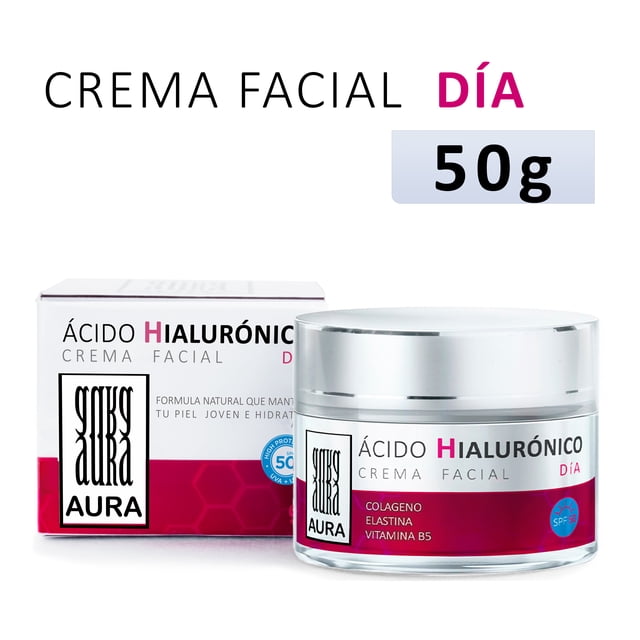 Crema Facial de Día con Acido Hialuronico Provitamina B5 Colageno Elastina AURA Natural Skincare Nutricion Profunda FPS 50+