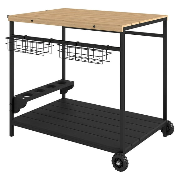 Outdoor Bar Cart with Wheels - Wooden Rolling Serving Cart for Patio, Wine & Glass Storage, Portable Kitchen Island for Indoor/Outdoor Use