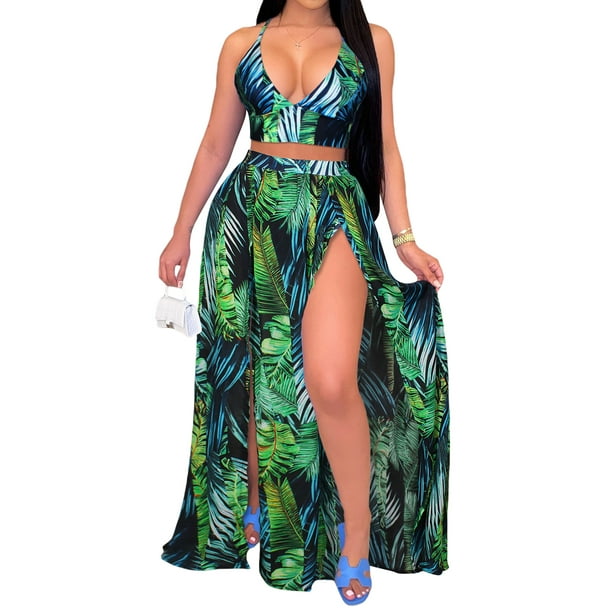 Lucakuins, conjunto de ropa de playa de verano para mujer, 2 uds., sin mangas, cuello en V, Tops cortos + falda larga dividida con estampado de hojas Lucakuins moda