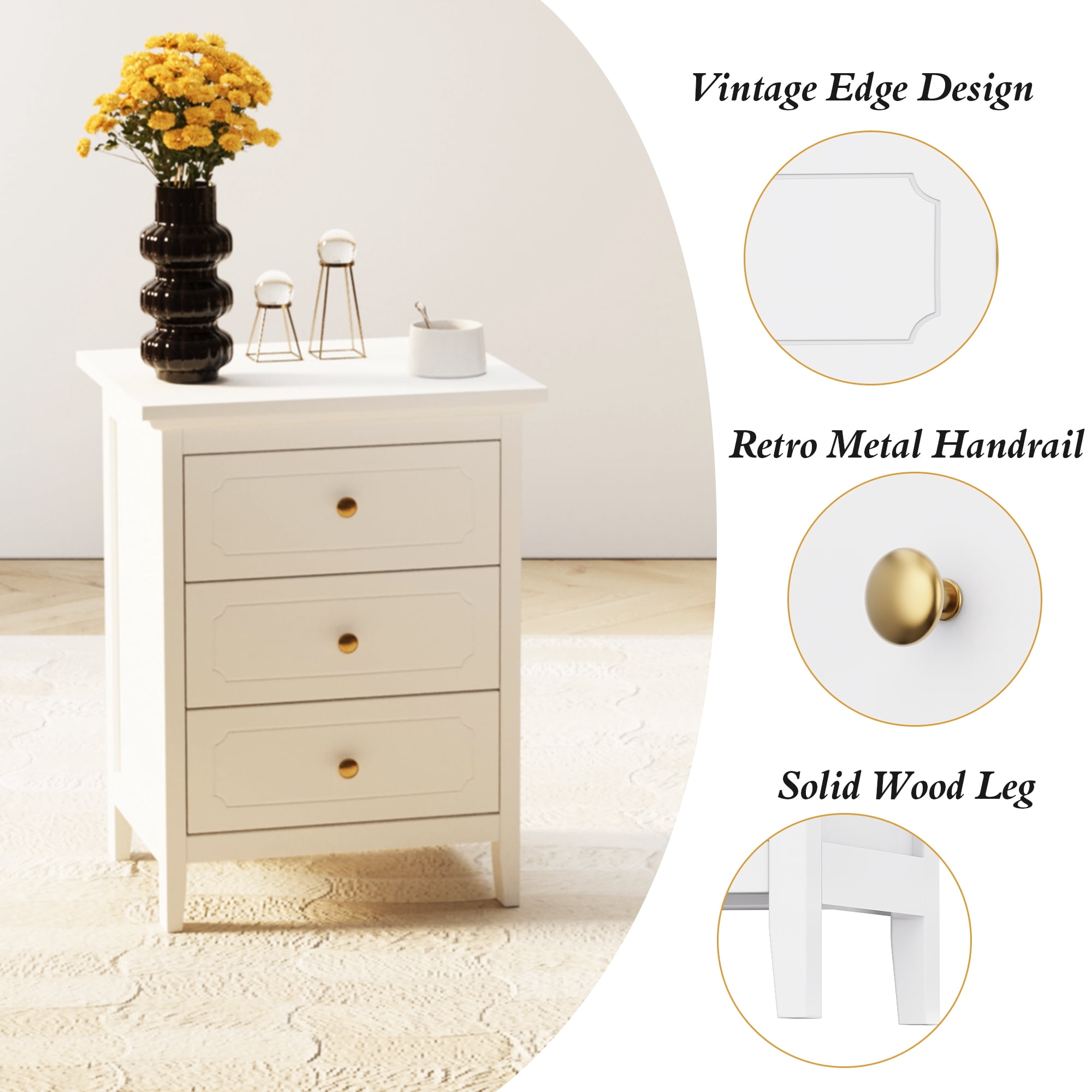 AODAILIHB Wood Nightstand with Drawers, 3-Drawer Modern Dresser, Storage Drawer Bedside Table for Living Room, Bedroom Small Space, Dorm, White