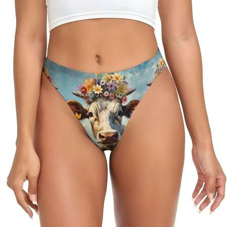 Thongs for Women - Artistic Flower Butterfly Cow No Show Seamless Womens Thongs Underwear  Stretch G String Thongs for Women  Ladies Breathable Thong Bikini Panties Briefs