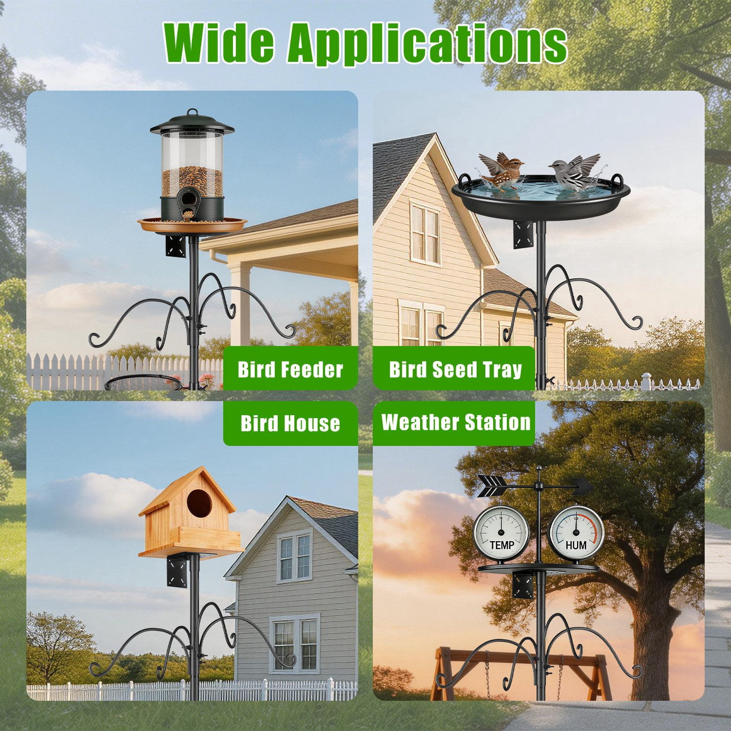 FENGFAN Adjustable Bird Feeder Pole with Squirrel Baffle,5-Prong Base Heavy Duty Iron Stand,4 Hooks Outdoor Garden Yard,1 Pack