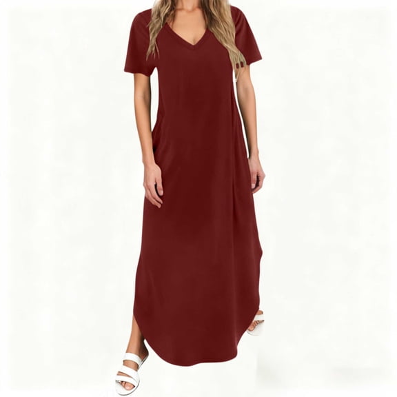 Nuoqisi Women's Summer Maxi Dress 2026 Casual Short Sleeves V Neck Loose Sundress Long Beach T Shirt Dress with Pockets