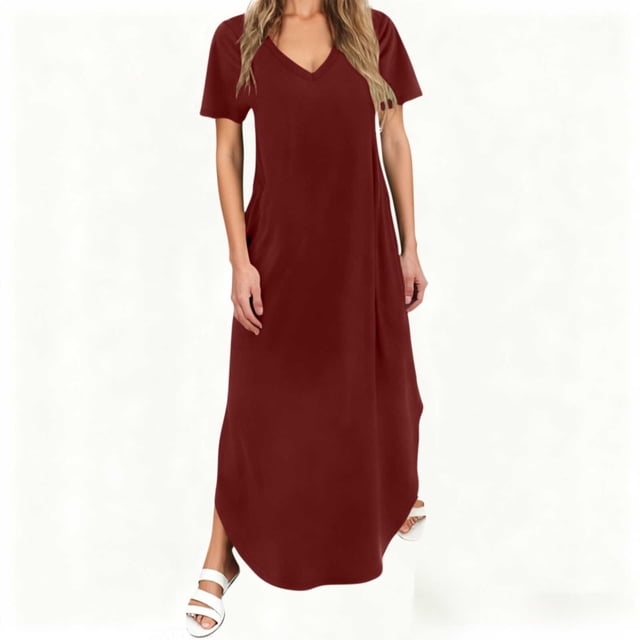 TIMIFIS Robe d'Été à Manches Courtes pour Femme, Couleur Unie, Col en V, Robe Maxi, Vacances, Plage, Robes Soleil avec Poches