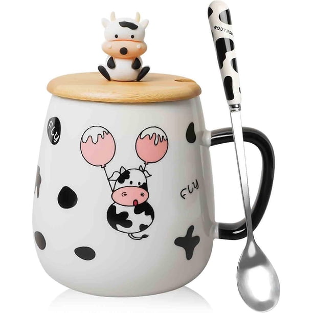 Cute Cow Coffe Mug with Cover and Spoon, Ceramic Cow Coffee mug, 420ml Kawaii Cow Mugs, 3D Animal Cow Mug Prefect Gifts For Boys Girl Women Kid (Ballo