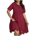 thumbnail image 2 of Plus Size Dress for Women Hollow Out Lace Summer Dress Solid Short Sleeve Midi Dress Crewneck High Waist Swing Dress, 2 of 5