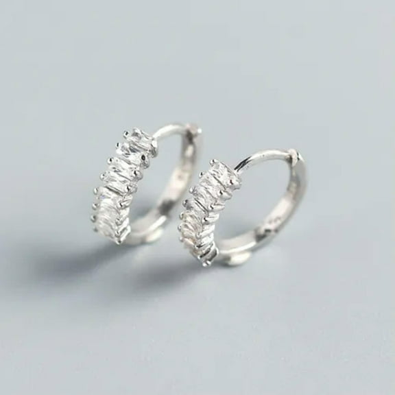 GKNET Small Sterling Silver Baguette Cz Zirconia Boho Huggie Hoop Earrings A4137-A - Silver with Clear Stone