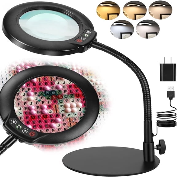 Lighted Magnifying Glass with Stand - Real Glass Lens, 5 Color Modes Dimmable, Flexible Gooseneck Hands-Free LED Desk Lamp for Crafts, Painting, Sewing & Close Work