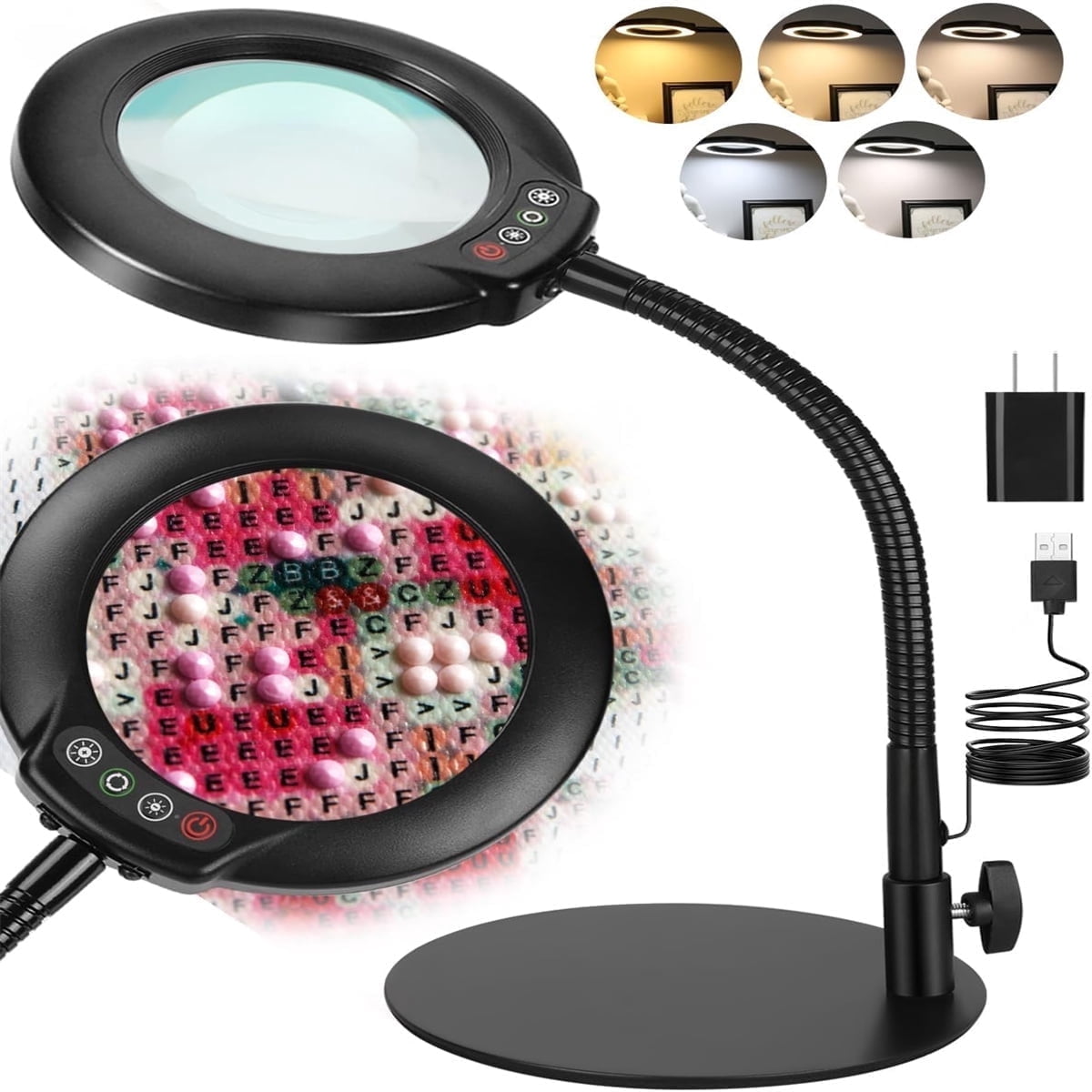 Lighted Magnifying Glass with Stand - Real Glass Lens, 5 Color Modes Dimmable, Flexible Gooseneck Hands-Free LED Desk Lamp for Crafts, Painting, Sewing & Close Work