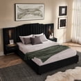 thumbnail image 3 of LOOM Queen Size Upholstered Bed Frame with Velvet Fabric,Vertical Stripe Design with Buttons Around Platform Bed with Headboard,Solid Frame & Bedside Table-No Box Spring Needed-Black, 3 of 9